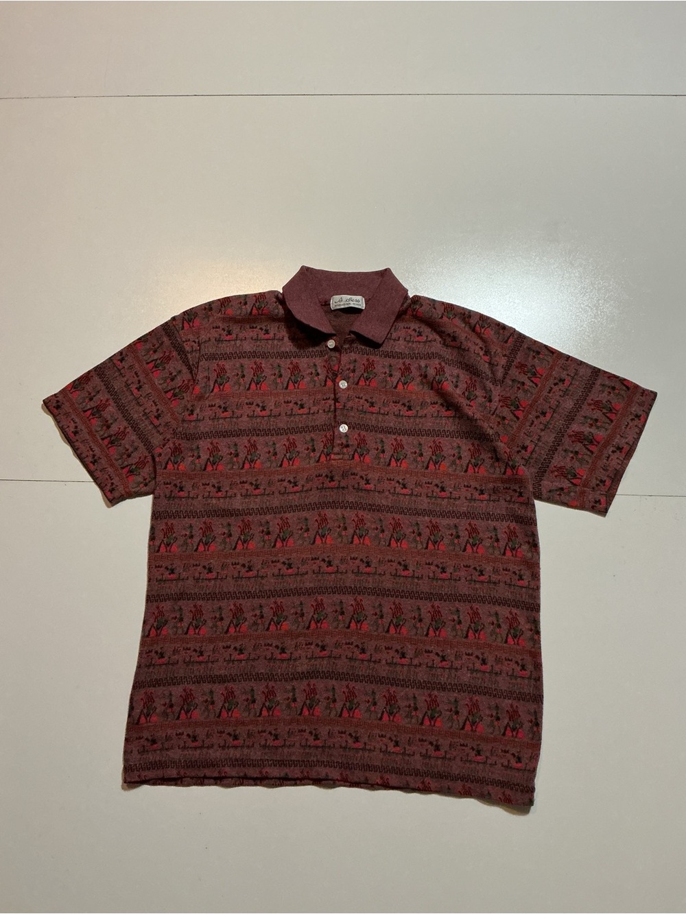 Vintage International Design
Hieroglyphics Striped Folk Art Knit S/S Polo Shirt